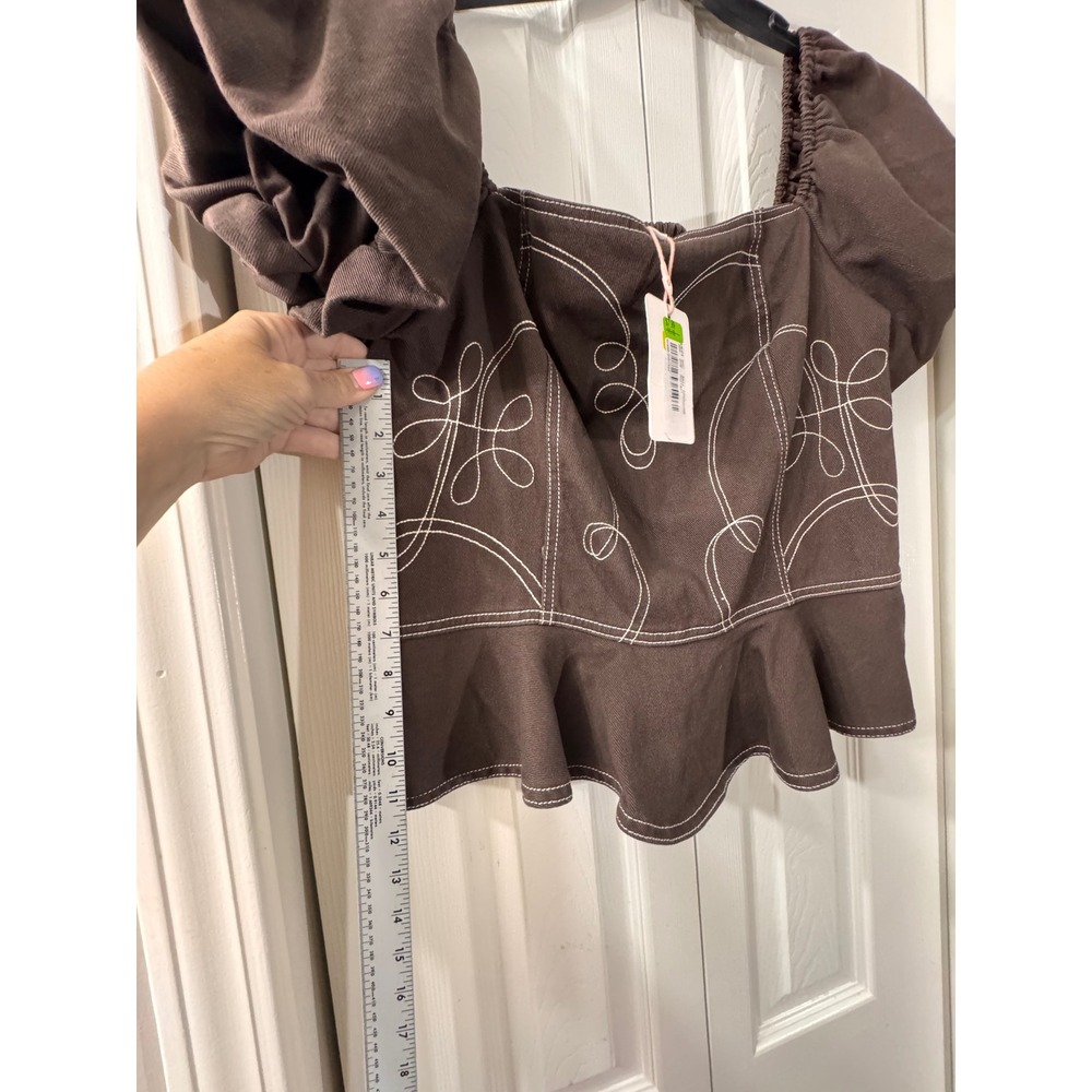 GB Brown Puff Sleeve Peplum Top Contrast Stitch Western Smocked XXL NWT - Picture 5 of 7